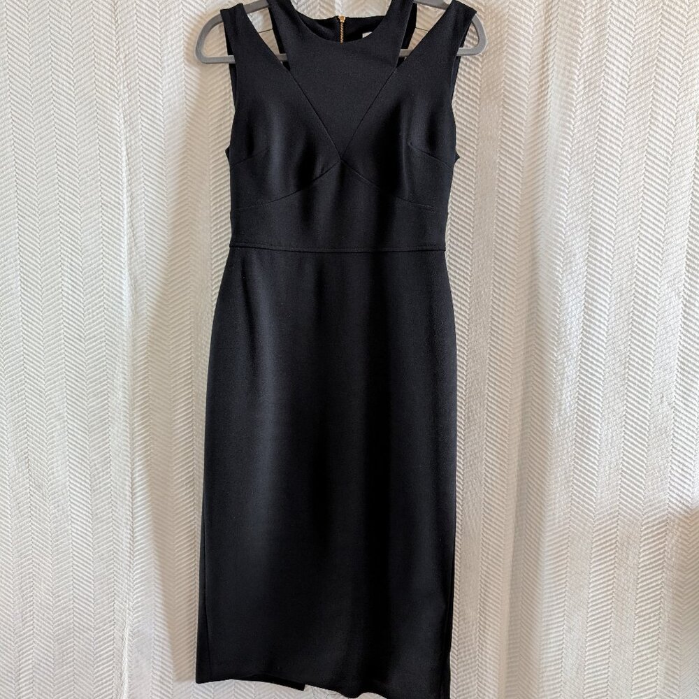 Calvin Klein Black Midi Dress Cutout Shoulders Size 6 Gold Zipper LBD Classic